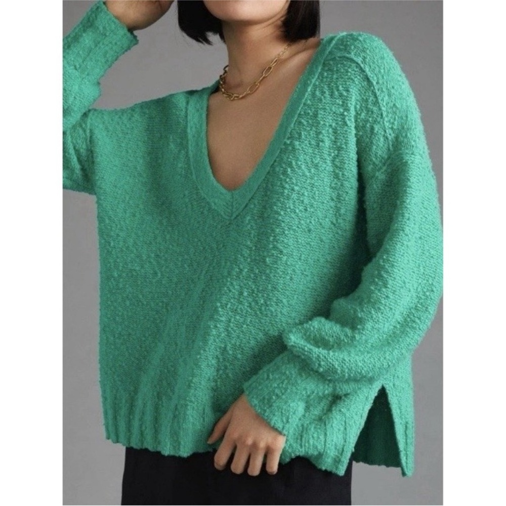 Anthropologie Pilcro Textured V-Neck Sweater Green Exposed Seam Pullover Boho